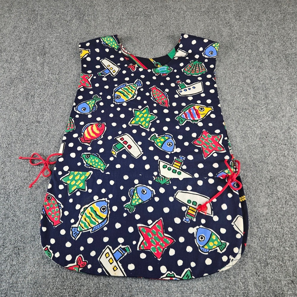 Vintage Reversible Nautical Tabard Apron Navy Fish Sailboat Polka Dot One Size